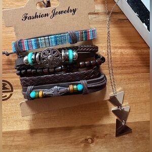Boho Western Turquoise Bracelet Five Stack & Silver Necklace Set